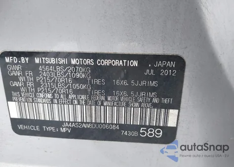 2013 Mitsubishi Outlander Es from USA, damaged, VIN JA4AS2AW8DU006084